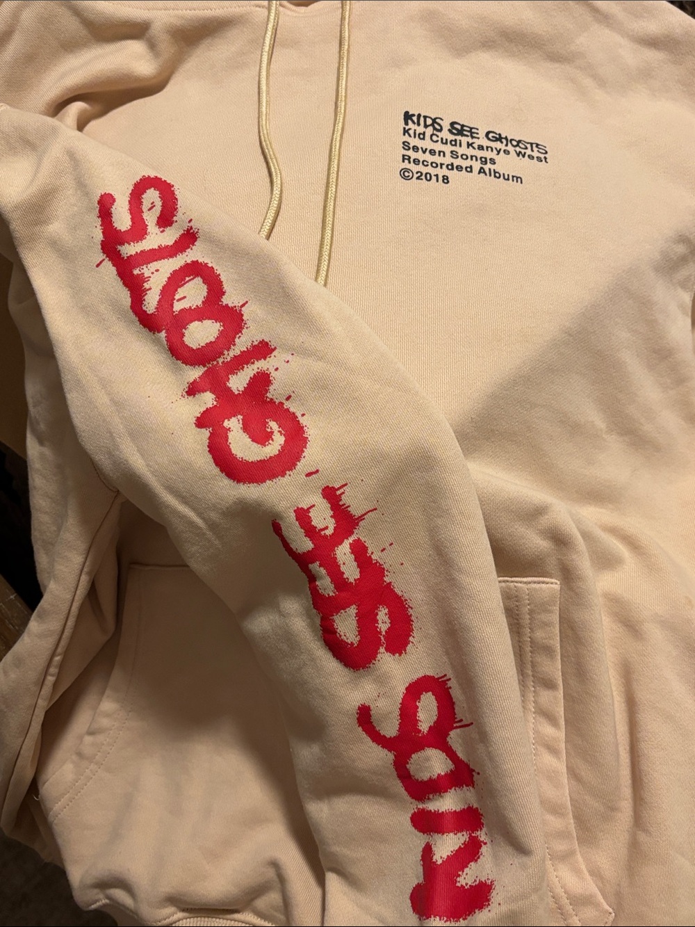 Kids See Ghosts Pullover Hoodie - Cream with Red Sleeve Graphics size XL